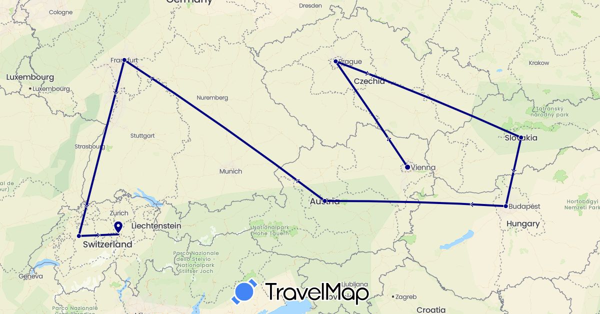 TravelMap itinerary: driving in Austria, Switzerland, Czech Republic, Germany, Hungary, Slovakia (Europe)